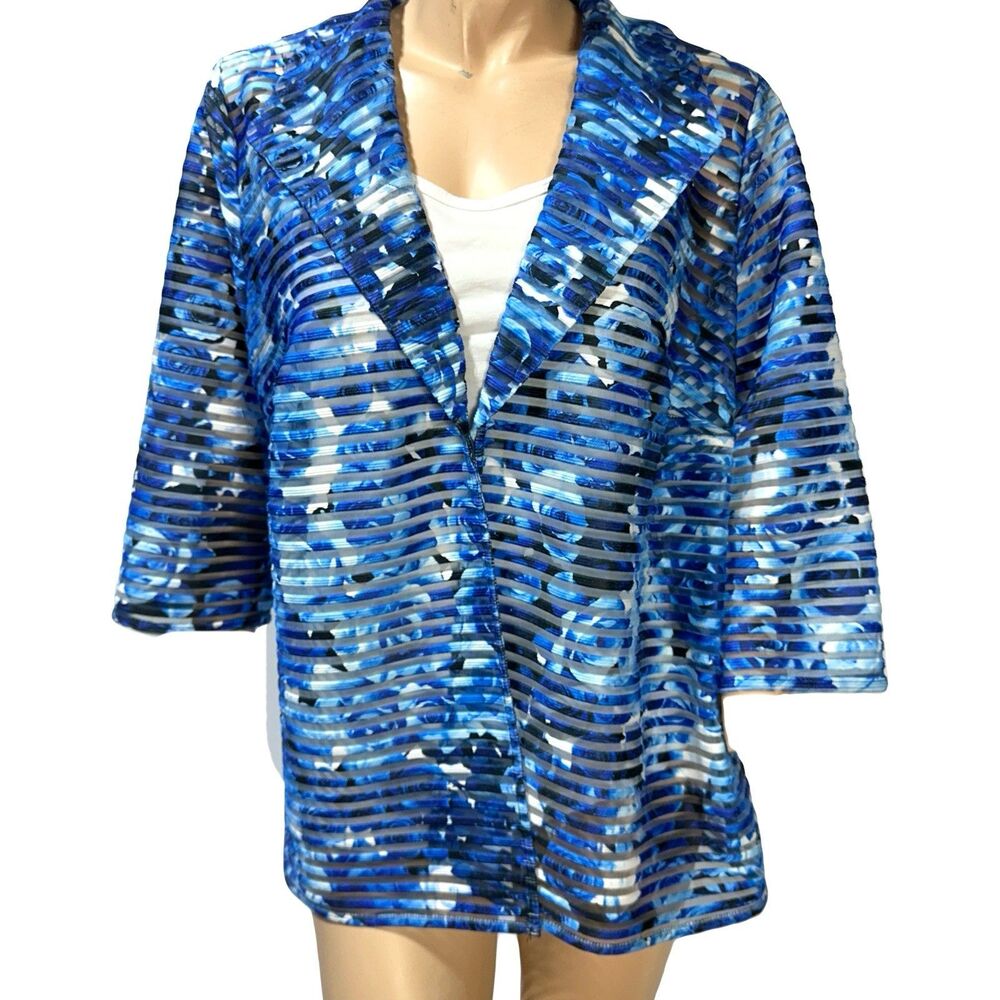 Alex Evenings Jacket Womens Size 1X Blue Roses Mesh Stripe Open Front 3/4 Sleeve